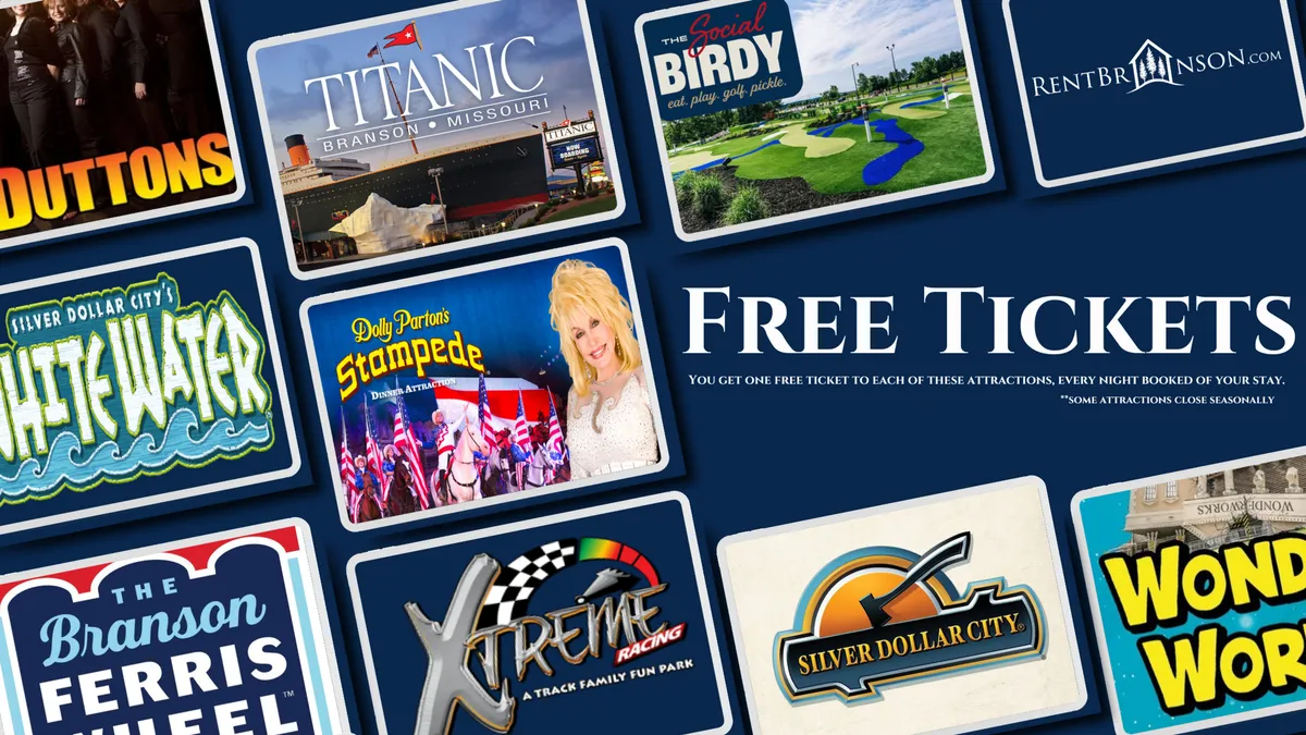 An interior promotional image displaying 'Free Tickets' and attraction logos, highlighting the many entertainment options available nearby. The image conveys excitement and the promise of memorable group outings, such as theme parks and shows.